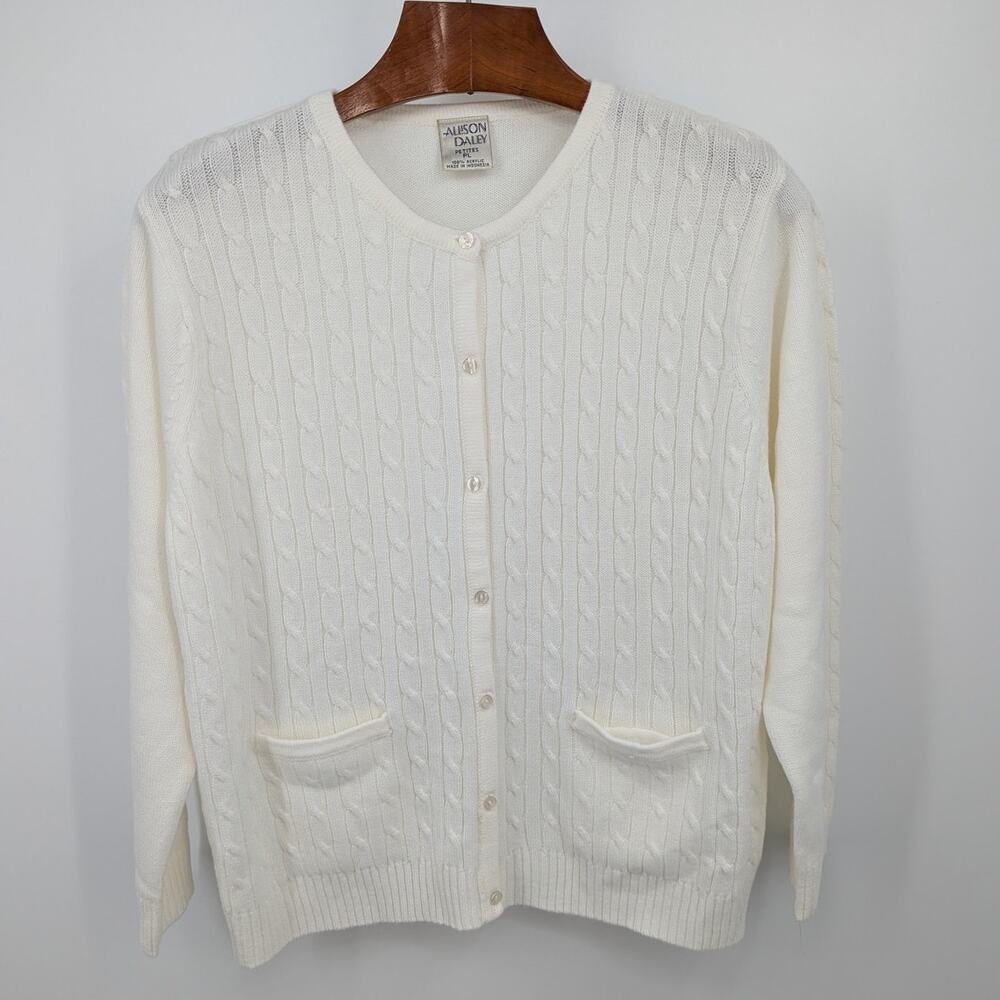 Allison Daley Petites PL Cream Cable Knit Cardigan Button Front Pockets